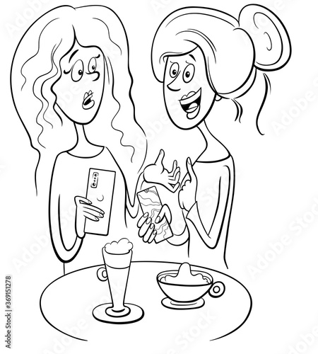 women gossip in cafe cartoon coloring book page