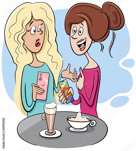 women gossip in cafe cartoon illustration
