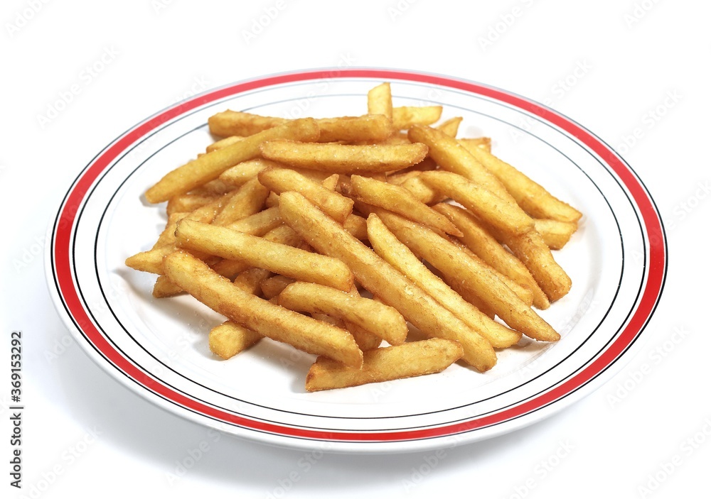 PLATE OF FRENCH FRIES AGAINST WHITE BACKGROUND PLATE OF FRENCH FRIES AGAINST WHITE BACKGROUND