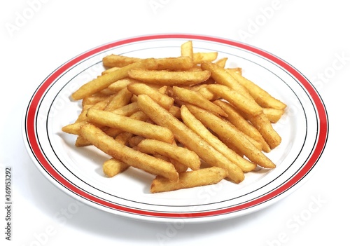 PLATE OF FRENCH FRIES AGAINST WHITE BACKGROUND