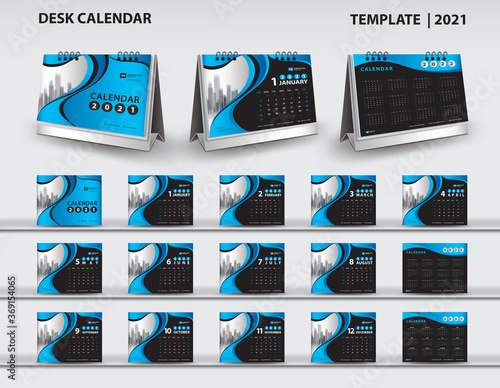 Set Desk Calendar 2021 template vector and desk calendar 3d mockup, Calendar 2022-2023 template design, blue cover design, Set of 12 Months, Week starts Sunday, Stationery.