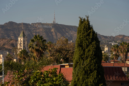 An evening view of West Hollywood with Hollywood Sign in the background