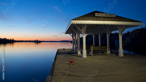 Landscape scene of the pier at twilight, Gravenhurst, Ontario, Canada.