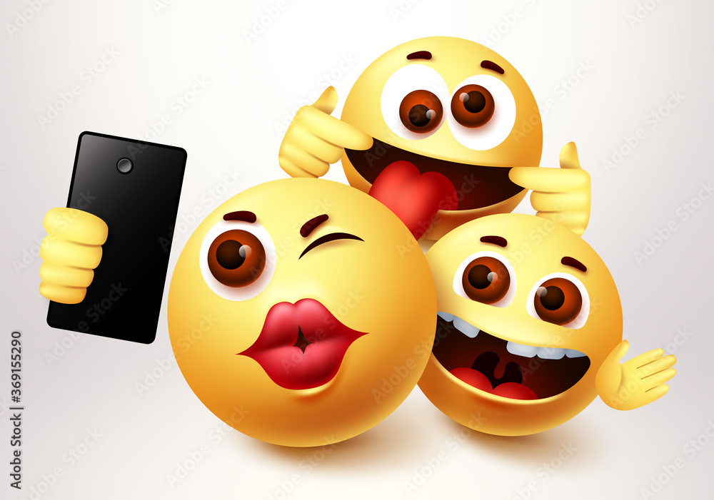 Emoji smiley selfie friends taking groupie vector characters. Smiley emoji  of friendship emoticon in happy smiling, funny and kissing facial  expression in white background. Vector illustration. Stock Vector | Adobe  Stock