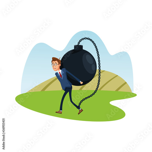 elegant businessman lifting slave fetter comic character icon
