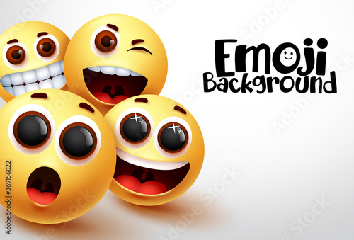 Happy emoji vector background. Smiley emoji and yellow emoticons of funny and happy facial expressions in white space background for text. Vector illustration.
