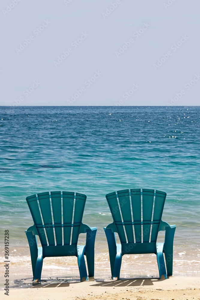 Blue Beach Chairs, Cat Island in Bahamas