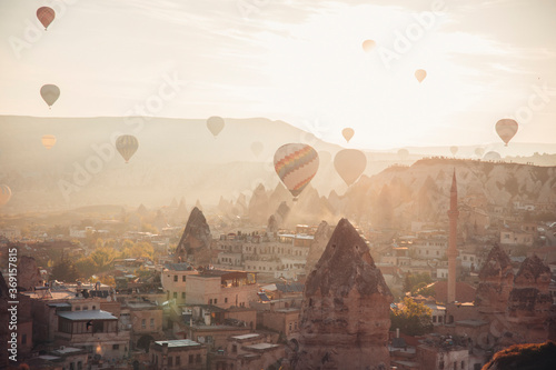 Fotografie Hot air balloon rides in Cappadocia at sunrise