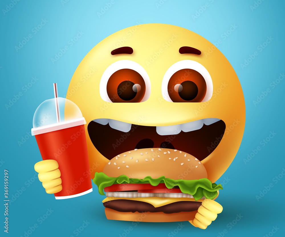 Emoji smiley happy eating fastfood burger character vector design. Smiley emoticon with happy and excited facial expression holding yummy hamburger and juice for snack. Vector illustration
Emoji smiley happy eating fastfood burger character vector design. Smiley emoticon with happy and excited facial expression holding yummy hamburger and juice for snack. Vector illustration