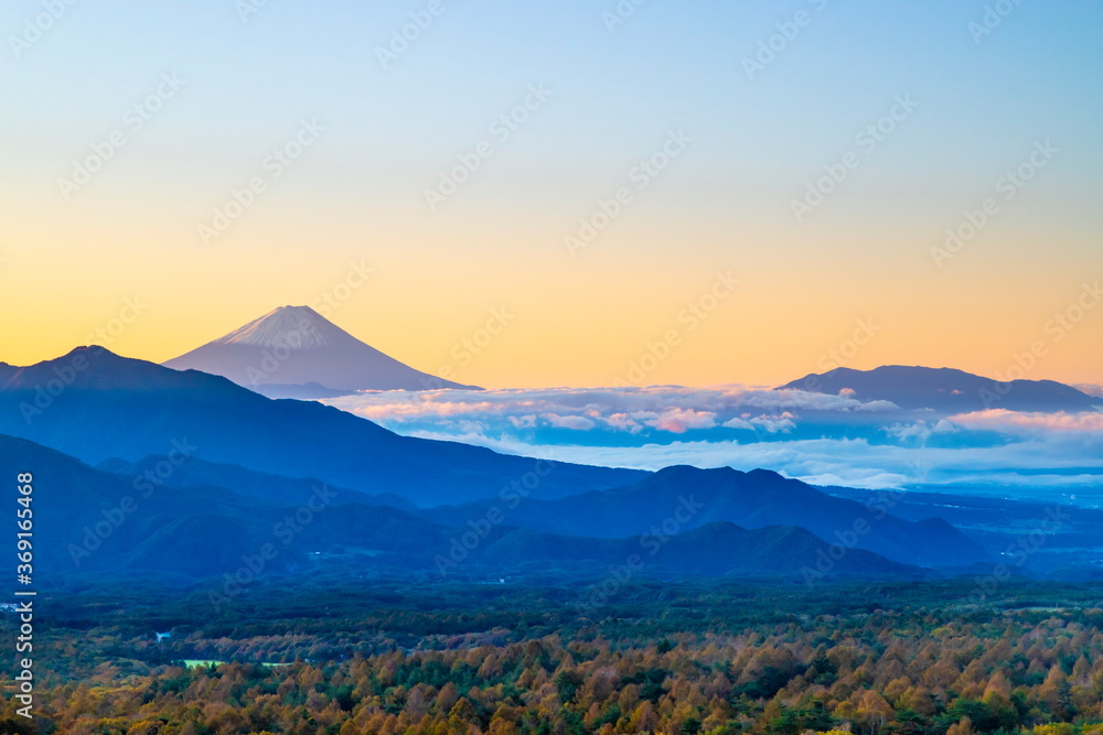 美し森から眺める夜明けの富士山と雲海に覆われた甲府盆地、山梨県北杜市清里高原にて