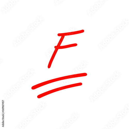 F exam score, bad grade illustration, red color test score isolated on white background