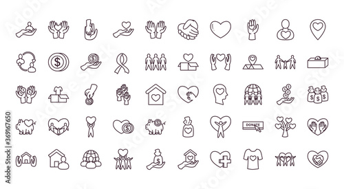 Charity and donation line style 50 icon set vector design