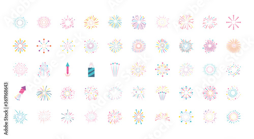 icon set of fireworks, flat style