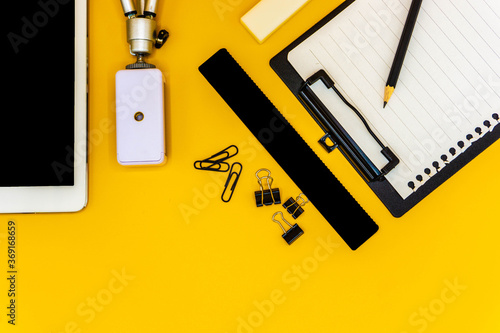 Flat lay Business of Education Tools Clipboard with Pencil and Note Paper