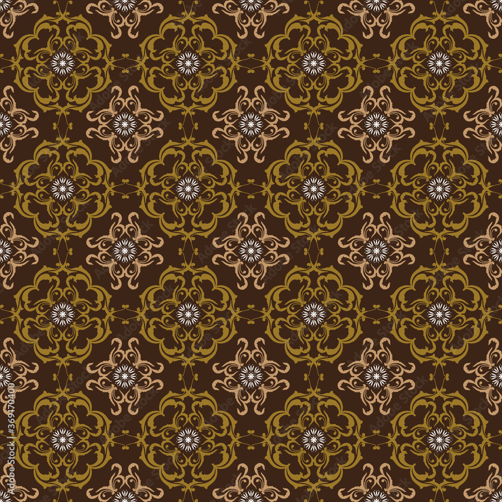Modern motifs in Central Java batik style with dark brown background design.