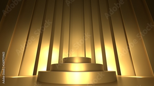 Wide angle product display or showcase pedestal on gold background product template. 3D rendering