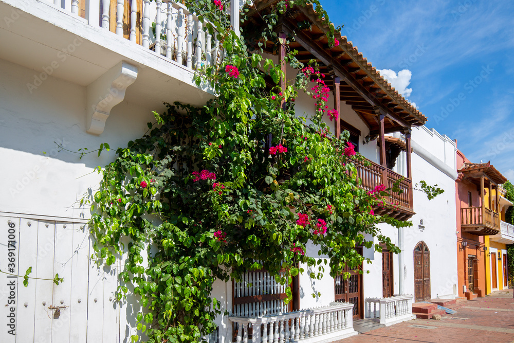 Colombia, Scenic colorful streets of Cartagena in historic Getsemani district near Walled City (Ciudad Amurallada)