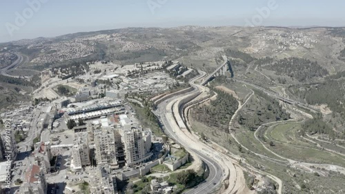 Jerusalem Entrance with Givat Shaul and Train Bridge, Aerial
Drone footage, Israel, Panorama
 photo