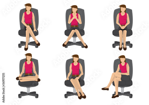 Set of full length casual woman in various sitting positions isolated on white background.