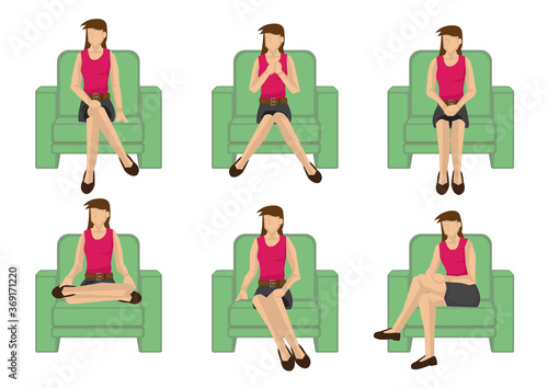 Set of full length casual woman in various sitting positions isolated on white background.