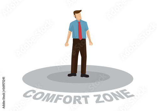 Business man are too comfortable inside his comfort zone and do not want to get out. Concept of not improving and growth. Vector cartoon. illustration