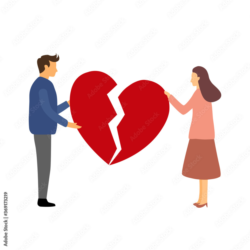 Broken heart concept vector illustration. Sad man and woman holding red broken heart pieces. Broken heart concept vector illustration. Sad man and woman holding red broken heart pieces.