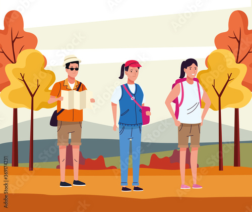 group of tourist people doing activities in the autumn landscape