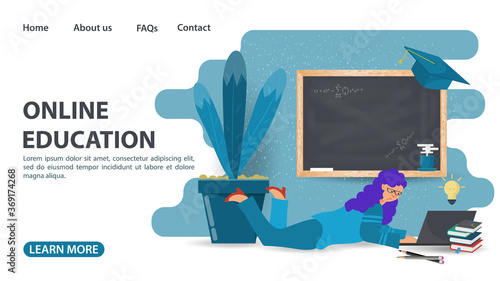 Online training web page design a girl with a laptop lies under a blackboard home education on computer Internet technologies flat vector illustration cartoon