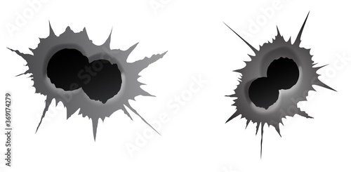 Bullet double hole on white background. set of double realisic metal bullet hole, damage effect. Vector illustration.