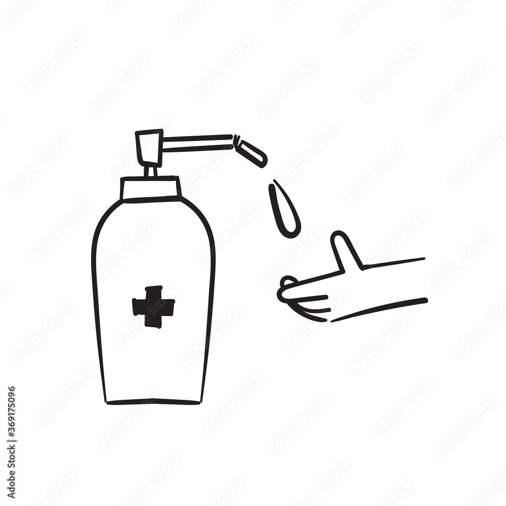 hand drawn doodle hand with Disinfection liquid Icon illustration hand drawn doodle hand with Disinfection liquid Icon illustration