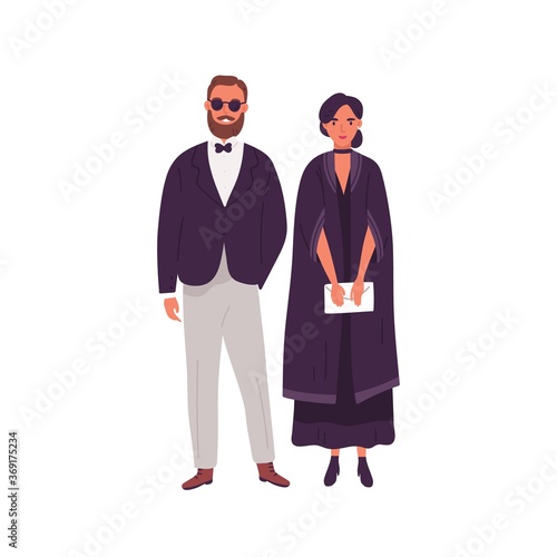Couple in trendy evening clothes standing together vector flat illustration. ...