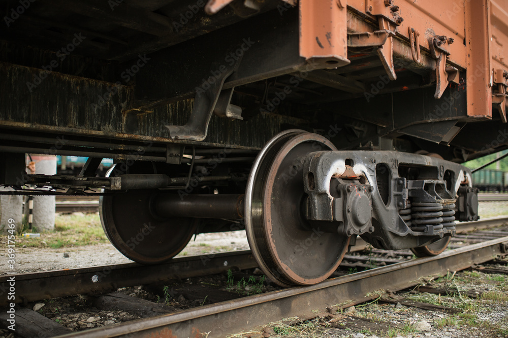 Naklejka premium Train wheel. Railway. Close up view of the wheels of the train.