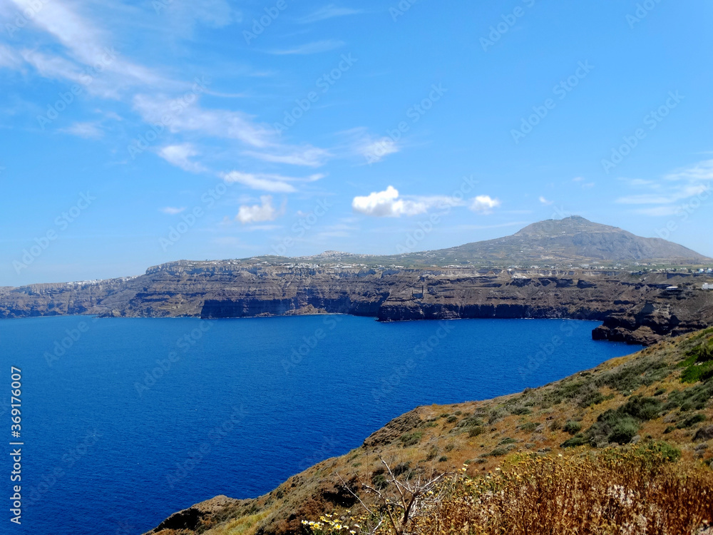 Panoramic view of Fira town in Santorini semi circular island, Greece. Fira is the modern capital of the Greek Aegean island of Santorini. 