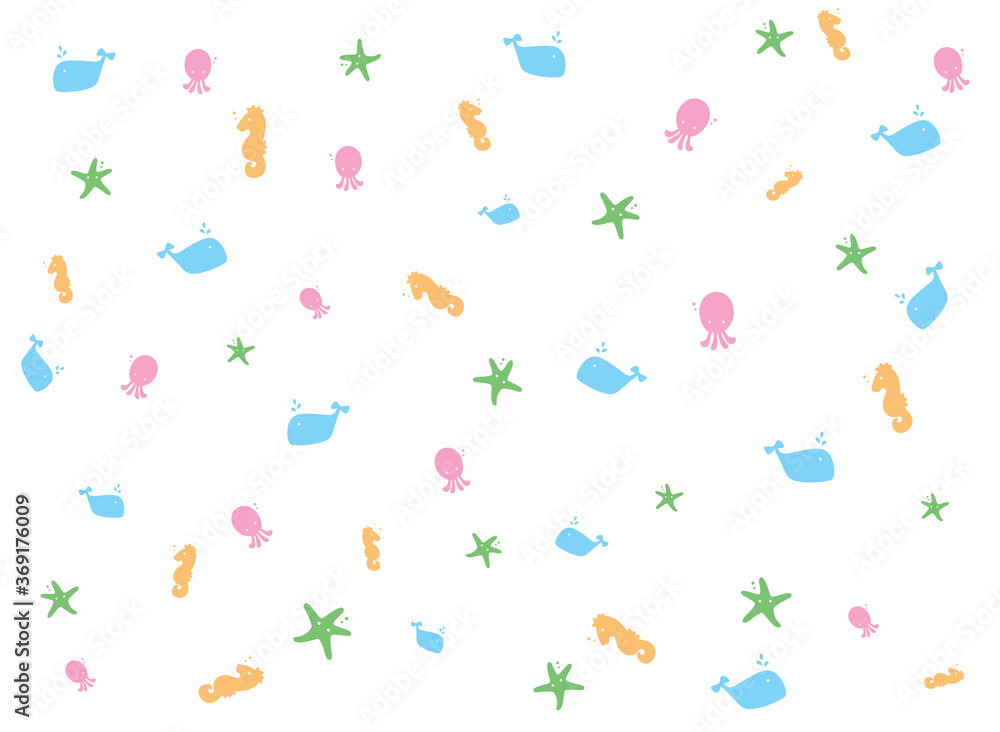 Seamless sea cute pattern with squid, starfish, seahorse and whale, summer pattern vector