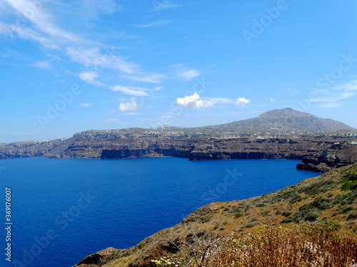 Panoramic view of Fira town in Santorini semi circular island, Greece. Fira is the modern capital of the Greek Aegean island of Santorini. 