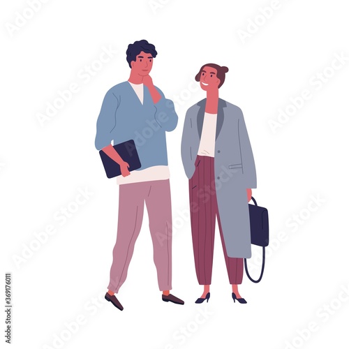 Pensive guy and smiling girl in stylish outfit stand together vector flat illustration. Business people carry briefcase and folder isolated on white. Trendy couple entrepreneurs or office workers