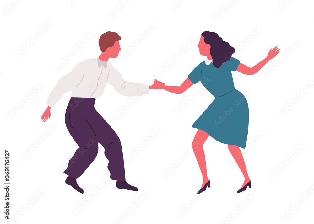 Joyful man and woman performing lindy hop dance movement vector flat illustration. Active couple dancing together holding hands isolated on white. Dancers pair at disco, party or school Joyful man and woman performing lindy hop dance movement vector flat illustration. Active couple dancing together holding hands isolated on white. Dancers pair at disco, party or school