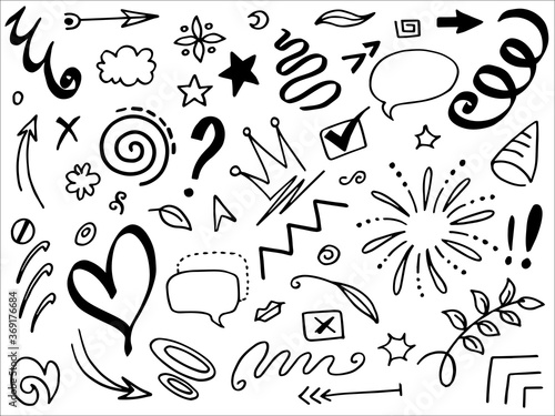 Hand drawn set elements.Abstract arrows  ribbons and other elements in hand drawn style for concept design. Doodle vector illustration