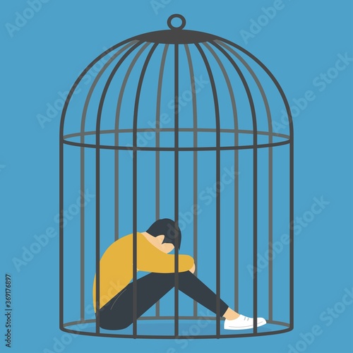 Quarantine lock down, depression and despair, young male character sitting inside a birdcage, domestic violence, vector illustration