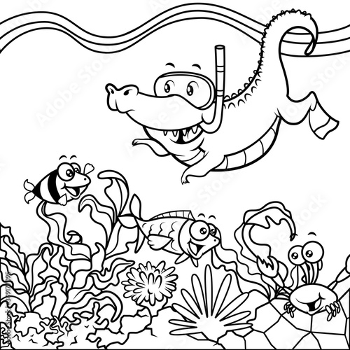 Adorable little Alligator snorkeling and greeting underwater animals with coral reefs and seaweed scenery best for preschool kids coloring book cartoon vector