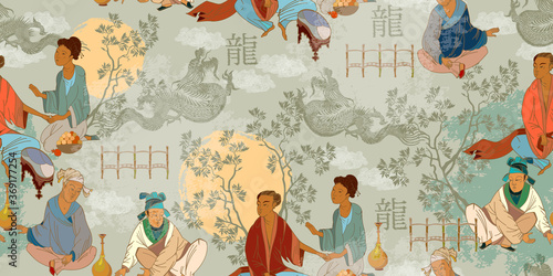Ancient China seamless pattern. Oriental people and dragons. Tea ceremony. Traditional Chinese paintings. Tradition and culture of Asia. Classic wall drawing. Murals and watercolor asian style
