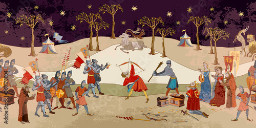 Medieval battle scene. Seamless pattern. Holy Grail. Middle Ages, parchment style. Historical crusades. Ancient book vector illustration. Crusaders warriors and soldiers go to war