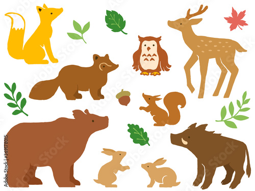 森の動物達の手描きイラストセット
