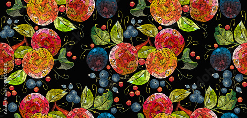Embroidery apples and plums, berries, cowberry horizontal seamless pattern. Fashion gardens template for clothes, textiles, t-shirt design. Super fruits art