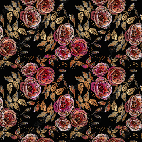 Embroidery wild roses seamless pattern vector. Autumn garden floral art. Fashionable template for clothes