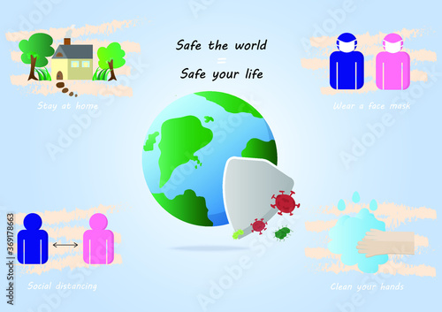 How to prevent virus for save the world and your life concept, corona virus infection, pneumonia disease, medical healthcare and prevention methods, creative design background, vector illustration