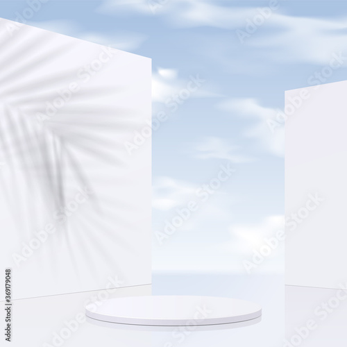 Cylinder white podium mock up with sky background and shadow leaves. product presentation, mock up, scene to show cosmetic product, Podium, stage pedestal or platform. simple clean design, 3d vector