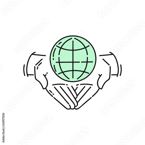 Hands holding a planet - charity icon for world environment protection.