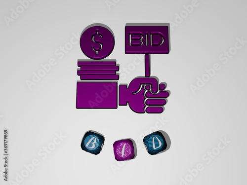 3D graphical image of BID vertically along with text built around the icon by metallic cubic letters from the top perspective, excellent for the concept presentation and slideshows. auction and