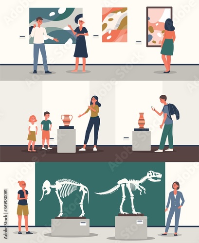 People watching exhibits at archeology museum flat vector illustration isolated.